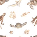 Watercolor seamless pattern with underwater creatures, sea turtle, fish, corals, octopus in brown