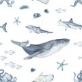 Watercolor seamless pattern with underwater creatures, whale, jellyfish, shark, dolphin, octopus in blue