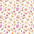 Watercolor seamless pattern with underwater life objects.