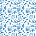 Watercolor seamless pattern with underwater life objects.