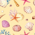 Watercolor seamless pattern with underwater life objects.