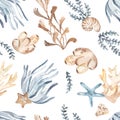 Watercolor seamless pattern with underwater plants, algae, corals, starfish