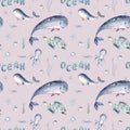 Watercolor seamless pattern with underwater world Bright fish, whale, shark dolphin starfish animals. Jellyfish seashells. Sea and Royalty Free Stock Photo