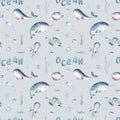 Watercolor seamless pattern with underwater world Bright fish, whale, shark dolphin starfish animals. Jellyfish seashells. Sea and Royalty Free Stock Photo