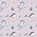 Watercolor seamless pattern with underwater world Bright fish, whale, shark dolphin starfish animals. Jellyfish seashells. Sea and Royalty Free Stock Photo