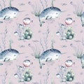 Watercolor seamless pattern with underwater world Bright fish, whale, shark dolphin starfish animals. Jellyfish seashells. Sea and Royalty Free Stock Photo