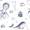 Watercolor seamless pattern underwater world Bright fish, whale, shark dolphin starfish animals. Jellyfish seashells. Sea and Royalty Free Stock Photo