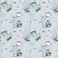 Watercolor seamless pattern underwater world Bright fish, whale, shark dolphin starfish animals. Jellyfish seashells. Sea and Royalty Free Stock Photo