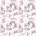 Watercolor seamless pattern with unicorns and rainbow. Hand painted magic horses, clouds, stars and air ballon