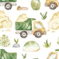 Watercolor seamless pattern with urban cartoon cute transport. Texture for boyi