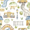 Watercolor seamless pattern with urban cartoon cute transport. Texture for boyish design, birthday, wallpaper, scrapbooking, print