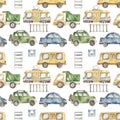 Watercolor seamless pattern with urban cartoon cute transport. Texture for boyish design, birthday, wallpaper, scrapbooking, print