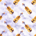 Watercolor seamless pattern for Valentine Day with violin and hearts, romantic music and love, hand drawing illustration