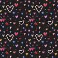 Watercolor seamless pattern for Valentine`s day. Candies and various hearts. Royalty Free Stock Photo