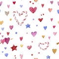 Watercolor seamless pattern for Valentine`s day. Candies and various hearts. Royalty Free Stock Photo