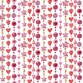 Watercolor seamless pattern for Valentine`s day. Chains of different hearts and stars on white background. Royalty Free Stock Photo