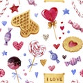 Watercolor seamless pattern for Valentine`s day.Sweets, cakes, waffles,candies and heart on white background. Royalty Free Stock Photo