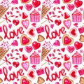 Watercolor seamless pattern for Valentine`s day. Lips, heart, love, candy, cake, letter, gift and other cute hand drawn