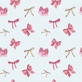 Watercolor seamless pattern for Valentine`s day with pink and golden bows