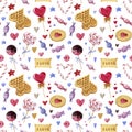 Watercolor seamless pattern for Valentine`s day. Sweets, cakes, waffles, candies and heart, Royalty Free Stock Photo