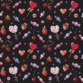 Watercolor seamless pattern for Valentine`s day. Sweets, candies and berries.
