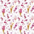Watercolor seamless pattern for Valentine`s day. Sweets, ice-cream, flowers and hearts. Royalty Free Stock Photo