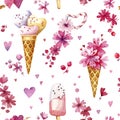 Watercolor seamless pattern for Valentine`s day. Sweets, ice-cream, flowers and hearts. Royalty Free Stock Photo