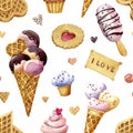 Watercolor seamless pattern for Valentine`s day. Sweets,  waffles, ice-cream and cakes. Royalty Free Stock Photo