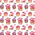 Watercolor seamless pattern for Valentine`s day. Royalty Free Stock Photo