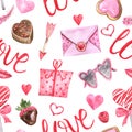 Watercolor seamless pattern for Valentines day. Hand painted red and pink elements on white background. Love letter, candy, arrows