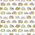 Watercolor seamless pattern with varied landscape and country cottage Royalty Free Stock Photo