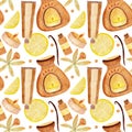 Watercolor pattern, aroma and spa elements, lemon, flowers on a white background. For wrapping, home products, decor etc