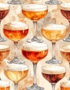 Watercolor seamless pattern with various beer glasses and frothy drinks on a textured background Royalty Free Stock Photo