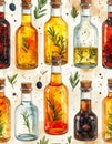 Watercolor seamless pattern with various bottles of infused oils and vinegars Royalty Free Stock Photo