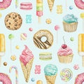 Watercolor seamless pattern with various bright sweets on blue backdrop