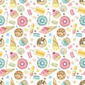 Watercolor seamless pattern with various bright sweets