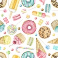 Watercolor seamless pattern with various bright sweets