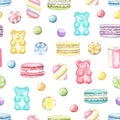 Watercolor seamless pattern with various bright sweets