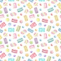 Watercolor seamless pattern with various bright sweets