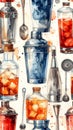 Watercolor seamless pattern with various cocktail shakers and drink glasses Royalty Free Stock Photo