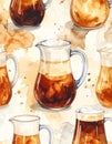 Watercolor seamless pattern with various coffee drinks in pitchers and glasses, with coffee stains on a light background Royalty Free Stock Photo