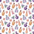 Watercolor seamless pattern with various perfume bottles and cosmetics