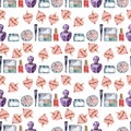 Watercolor seamless pattern with various perfume bottles and cosmetics