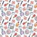 Watercolor seamless pattern with various perfume bottles and cosmetics