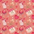 Watercolor seamless pattern with various romantic elements, socks with hearts, calendar, candle, flower, hearts.