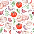 Watercolor seamless pattern with vegetables. Hand drawn illustration isolated on white background.