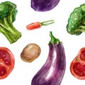 Watercolor seamless, pattern vegetables set with eggplant broccoli tomatoes Royalty Free Stock Photo