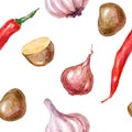 Watercolor seamless, pattern vegetables set with garlic potato onion pepper