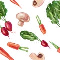 Watercolor seamless pattern vegetables set with radishes, radish