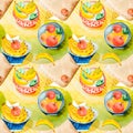 Watercolor seamless pattern of vegetarian still life on a tablecloth of fruits on plates. Healthy food. Royalty Free Stock Photo